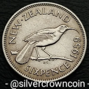 New Zealand 6 Pence 1959. KM#26.2. Sixpence Coin. Huia Bird. With shoulder strap - Picture 1 of 7