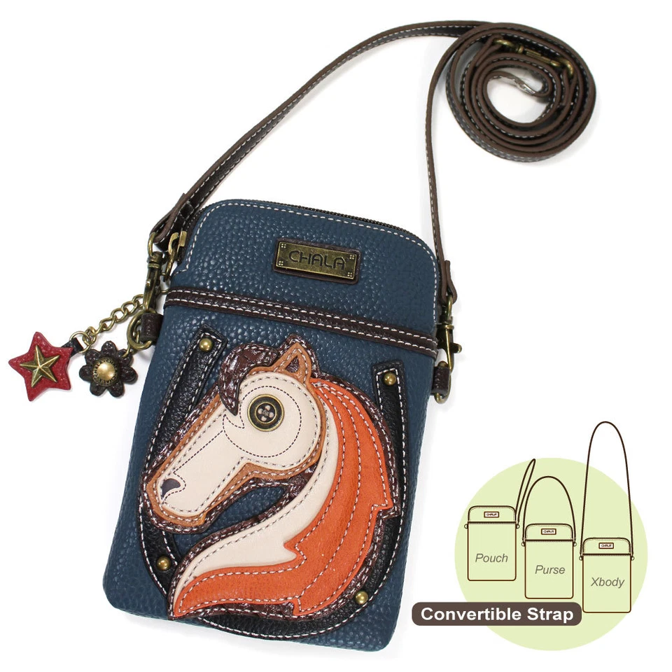 CHALA HORSE CELL PHONE CROSSBODY PURSE BAG ADJUSTABLE STRAP NAVY BLUE ORANGE
