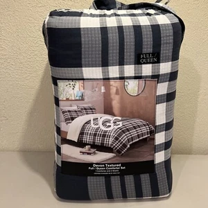 Ugg Devon Textured F/Q Comforter Set 2 Shams 90X90 Ocean Plaid Black White NEW - Picture 1 of 10