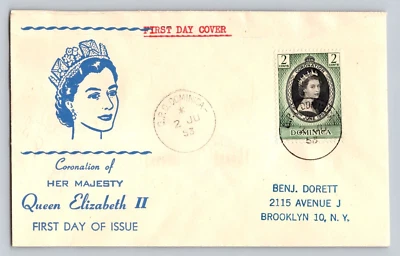1953 GPO Dominica to NY 2D Coronation Her Majesty Queen Elizabeth II FDC Cover - Image 1 of 2