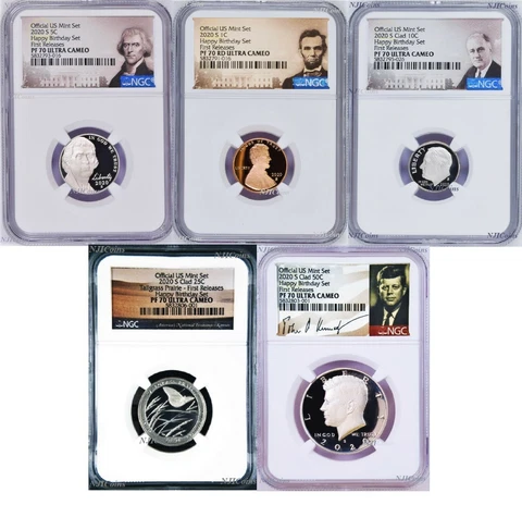 2020 HAPPY BIRTHDAY SET 5-Coin-Set Dime Half Penny Nickel Quarter NGC PF70 Cover