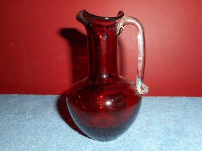 Vintage Hand Blown PILGRIM Glass Pitcher Ruby Red Jug Applied Clear Handle - Image 1 of 4