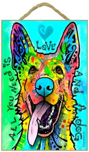 ALL YOU NEED IS LOVE AND A DOG German Shepherd Colorful Dean Russo NEW Sign 437 - Picture 1 of 3