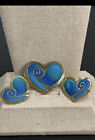 Kyle McKeown Blue Turquoise Hand Painted Silk Earrings Pin Brooch 1990 Hearts