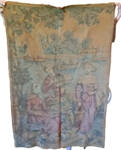 Antique French Tapestry Wall Hanging 34x50 Women Preparing Meal Boats House - Picture 1 of 24