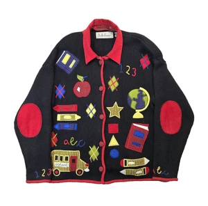 Belle Pointe Vintage Teacher School Themed Black Knit Cardigan Sweater Womens L - Picture 1 of 5