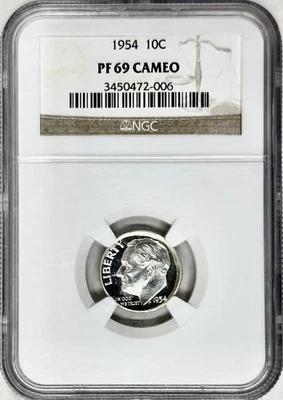 1954 PROOF ROOSEVELT DIME NGC PF69 CAMEO, ONLY 1 FINER - VERY RARE!! - Image 1 of 2