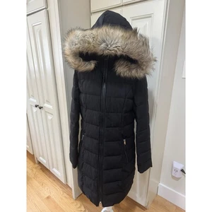 Laundry by Shelli Segal schwarzer gefütterter Mantel Kunstfell Kapuze wasserabweisend Stretch - Bild 1 von 13