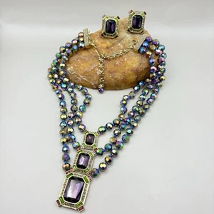 Heidi Daus Necklace & Earrings Set - Multicolor Crystal Beads Amethyst Glass - Picture 1 of 12