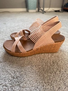 Skechers Pink Beverlee High Tea Sling Back Stretch Wedge Sandals 9 NEW - Picture 1 of 5