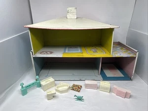 1950s Vintage T. Cohn Blue Litho Large Dollhouse Tin Metal w/ Some Furniture - Picture 1 of 24