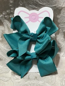 Green Hair Bow Clips Grosgrain Ribbon Double Bow Fashion Boho Hair Barrette Set - Picture 1 of 5