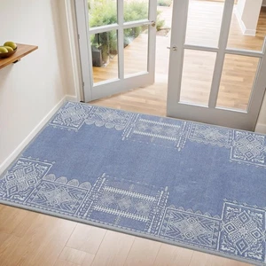Washable Throw Rug 2x3 Blue Thin Doormat Entryway Geometric Carpet - 2x3 Boho... - Picture 1 of 9
