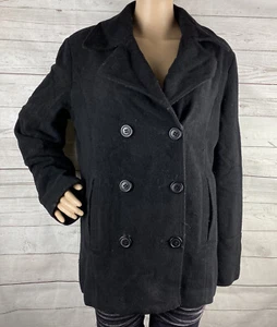 Womens Wool Blend Jacket Large Solid Black Double Breasted Fully Lined Warm Coat - Picture 1 of 12