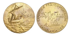 C273, Francia e Marocco, medaglia Br 1915, esposizione Casablanca, galea, nave, rara - Foto 1 di 4