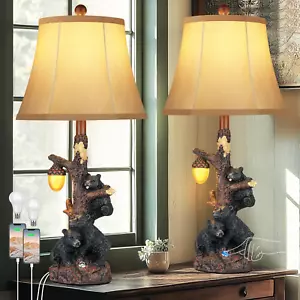 Set of 2 Bear Bedside Table Lamps for Bedroom with Nightlight & USB A+C,Touch Ac - Picture 1 of 7