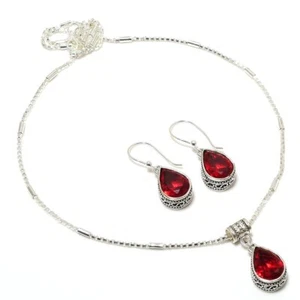 Garnet Red Quartz 925 Silver Plated Handmade Necklace & Earrings Set of 18" - Picture 1 of 3