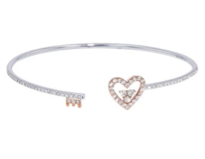 Heart and Lock-Key 3/5 CT Real Diamond Flex Bangle Bracelet 10K White-Rose Go... - Picture 1 of 4