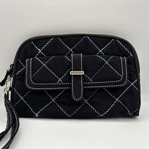 Cartera Vera Bradley acolchada con cremallera alrededor negra azul puntada de diamante muñeca - Imagen 1 de 14