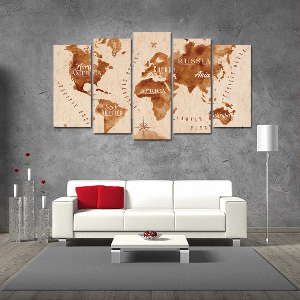 World Map Set Of 5 Pcs Puzzle Thin Canvas Poster Art Home Bar Wall Decor 01 - Image 1 of 4