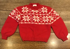 VTG Hand Knit Children’s Knit Sweater Fair Isle Red Snowflakes Holiday Christmas - Picture 1 of 11