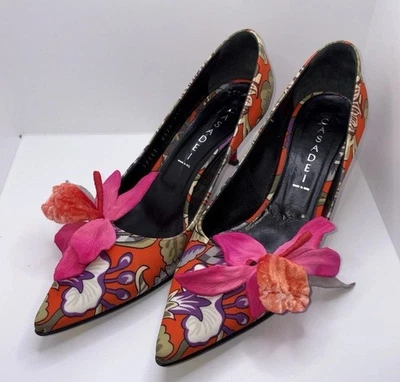 CASADEI Maui Italian Made Pumps Heels Stiletto Leather Sole 8.5 Floral Tropical - Image 1 of 4