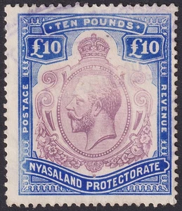 Nyasaland 1919 KGV £10 Purple and Royal Blue Fiscally Used SG99e cat £150 rubbed - Picture 1 of 2