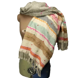 Ahujasons 100% Wool Beaded Fringed Striped Rectangle Scarf Boho Multicolor 76x25 - Picture 1 of 15