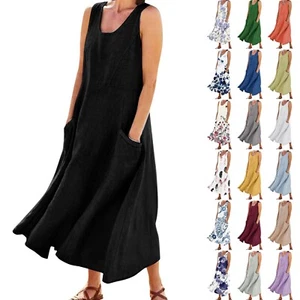 Womens Summer Casual Solid Color Sleeveless Dress Cotton Linen Pocket Tank Dress - Picture 1 of 41