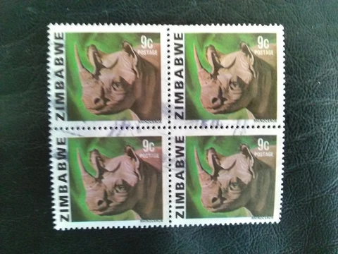 ZIMBABWE USED STAMPS  1980 WILDLIFE RHINOCEROS  9  CENT BLOCK OF 4 Cover