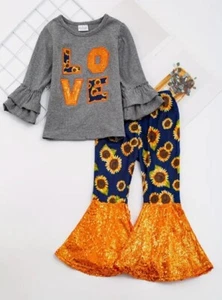 NEW Boutique Sunflower Love Girls Bell Bottoms Outfit Set Valentine's Day - Picture 1 of 10