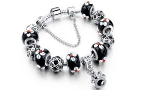 18K White Gold Plated BLACK Flower Crystal CZ Charm Bracelet Made with Swarovski - Picture 1 of 3