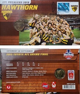 2013 Australia AFL Premiers Hawthorn Hawks RAM $1 Coin PNC/FDC & Hawks Tab Stamp - Picture 1 of 3