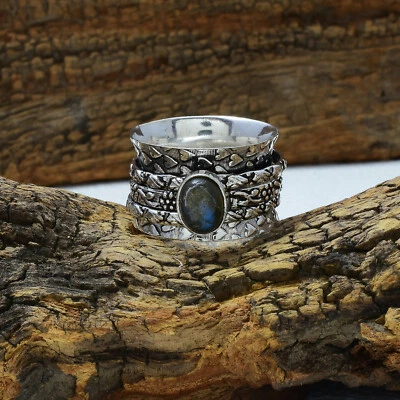 Fantastici Pietra Labradorite 925 Argento Sterling Spinner Handmade Anello Tutti - Immagine 1 di 3