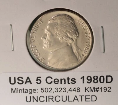 1980-D  Jefferson Nickel BU - one nickel from original roll - Image 1 of 4
