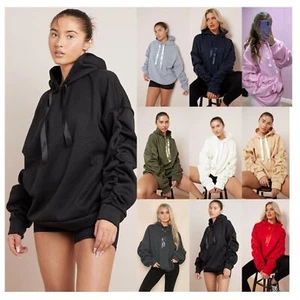 Women Ladie Ruched Gathered Balloon Sleeve Oversize Hooded Sweatshirt Ribbon Top - Picture 1 of 20