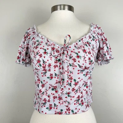 Top Feminino M Babydoll Y2K Coquette Milkmaid Floral Laço Manga Puff Babado Decote V - Imagem 1 de 4