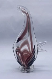 Art Glass Stunning Angel Fish Clear W/Purple Waves Stripes Tropical Nautical - Picture 1 of 15