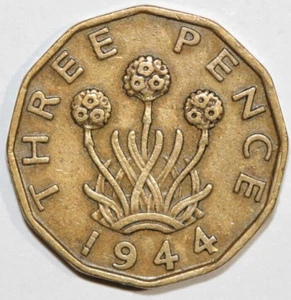 Great Britain 1944 3 Pence Thrift Plant, King George VI- Foreign Coin 21mm - Picture 1 of 2