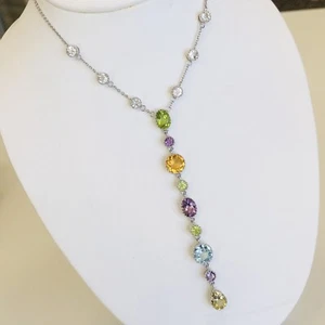 Beautiful 14k White Gold Multi Gemstone Lariat 16" Necklace 3.5" Drop - Picture 1 of 11