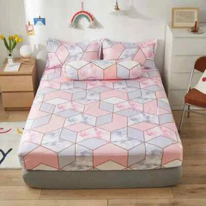 Fitted Sheet Elastic Band Pink Color Geometric Mattress Bed Cover(no pillowcase) - Picture 1 of 45