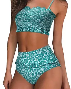 Women's Shirred Bandeau Bikini Top High Waisted Bottom 2 Piece Swimsuits Biki... - Picture 1 of 7