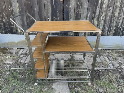 Vintage retro Mcm chrome & teak record media Lp rack trolley stand  - Image 1 of 4