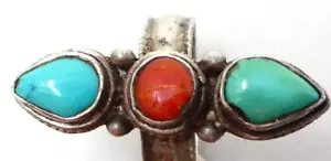 Anello Tibetano Argento Sterling Corallo Turchese Cabochon Stile Nepalese Misura M-N - Foto 1 di 6