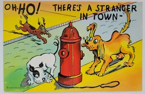 Comic Dogs Fire Hydrant Stranger in Town Humor Postcard Chrome Unposted - Bild 1 von 2