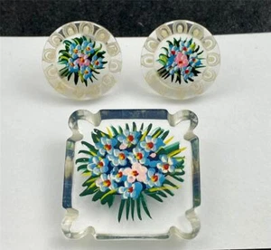 Vintage 1930's Carved Clear Lucite w/ Hand Painted Flowers Brooch & Earring Set - Picture 1 of 3