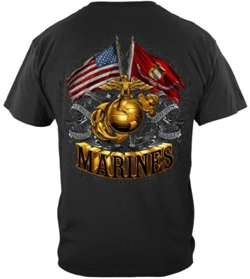USMC Marine Corps T Shirt Double Flags Gold Print Globe American Flag - Image 1 of 3