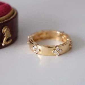Lucky Four Leaf Clover Shiny Plain Band Natural Diamond Women Ring 14K Gold Gift - Picture 1 of 11