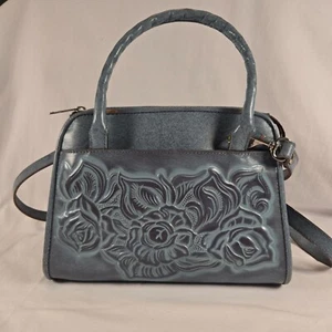 Patricia Nash Blue Leather Embossed Floral Satchel Crossbody Handbag - Picture 1 of 16