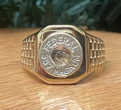 Federal 357 Magnum Brass Bullet Casing Belt Textured Ring Size 11 W/ Crystal Foto 1 de 4